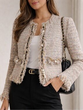 McGinn Tweed Jacket Pearl Chain Fringe Blazer Size 10 Chanel Style